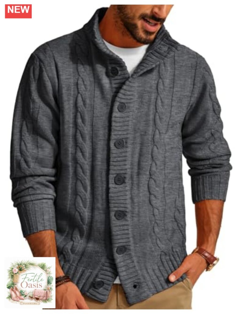 Men's Knit Cardigan Sweater Button Down Long Sleeve Mock Neck